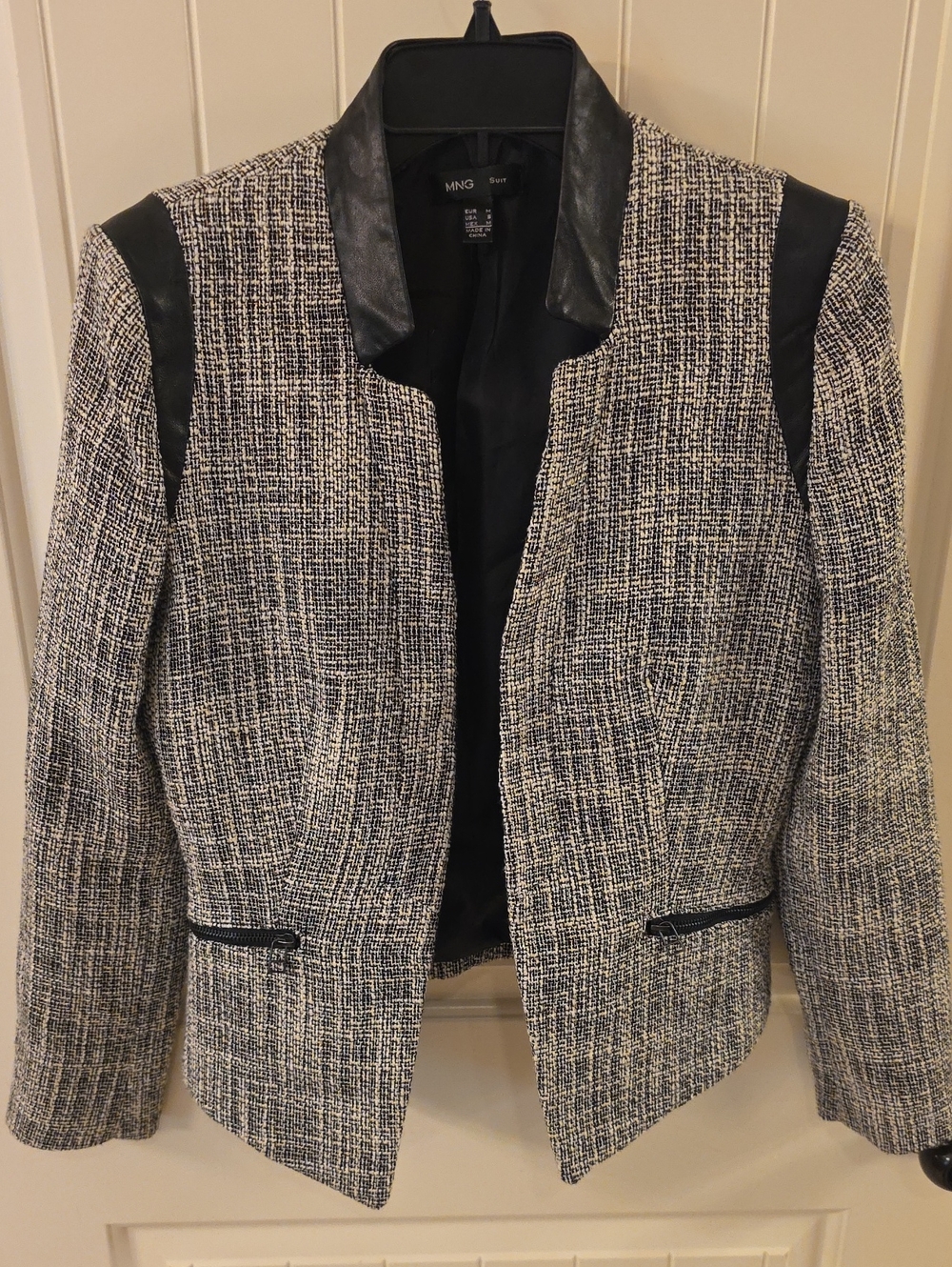 Mango Black and White Tweed Blazer with Faux Leather Accents